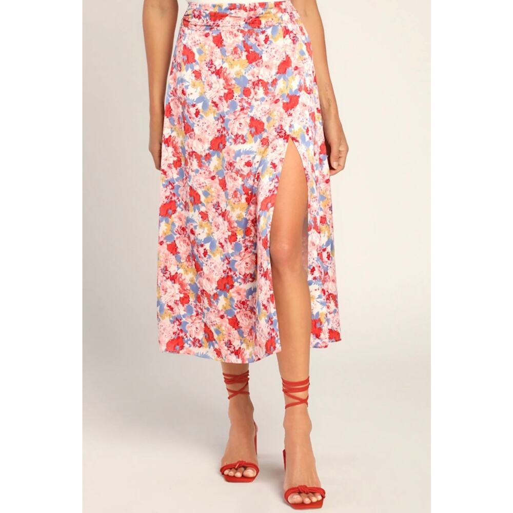Lulus Floral Midi Skirt Small High Waisted Slit Summer Spring NWOT - Picture 2 of 10